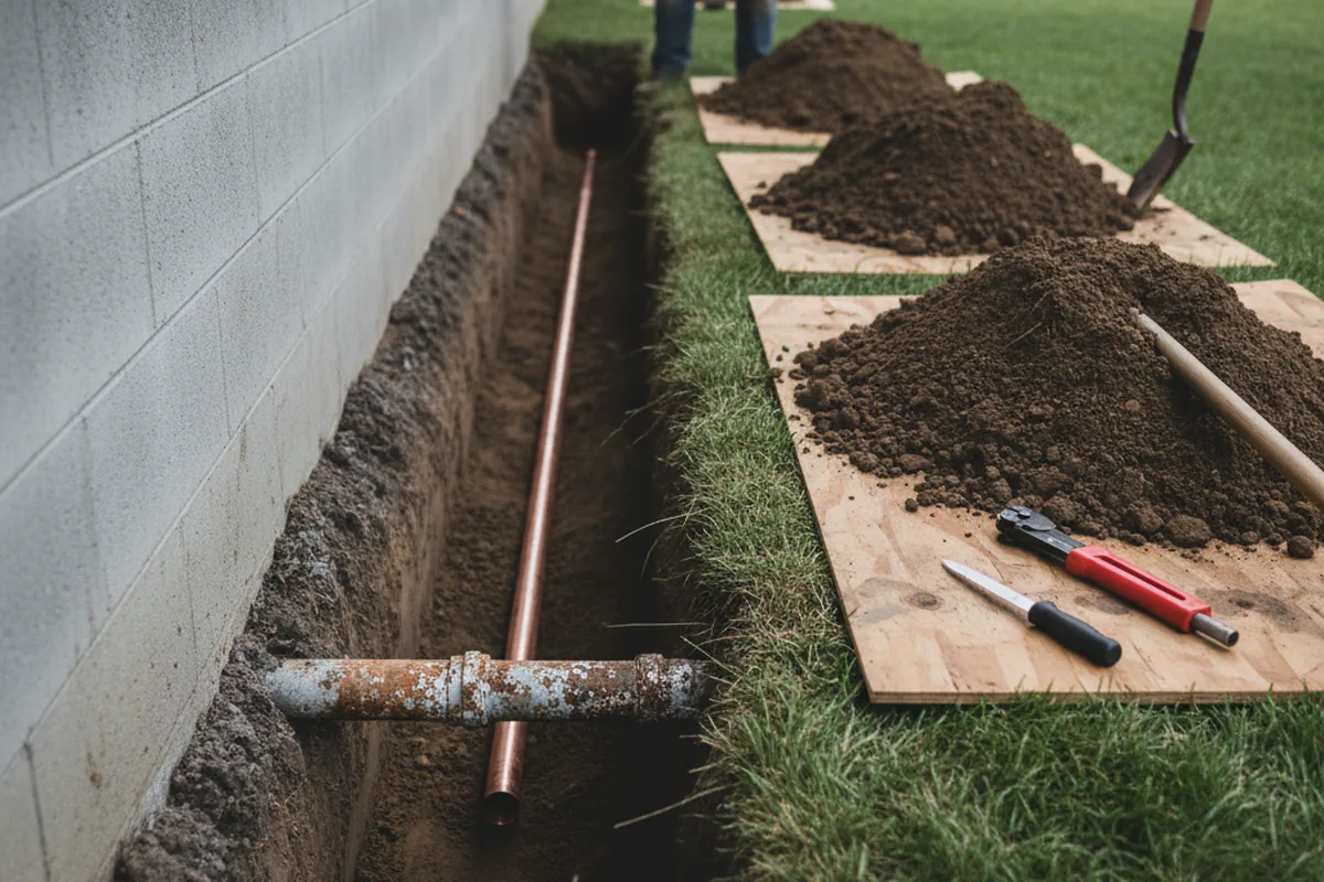 Excavated water line trench during Water Heater Repair in Vail